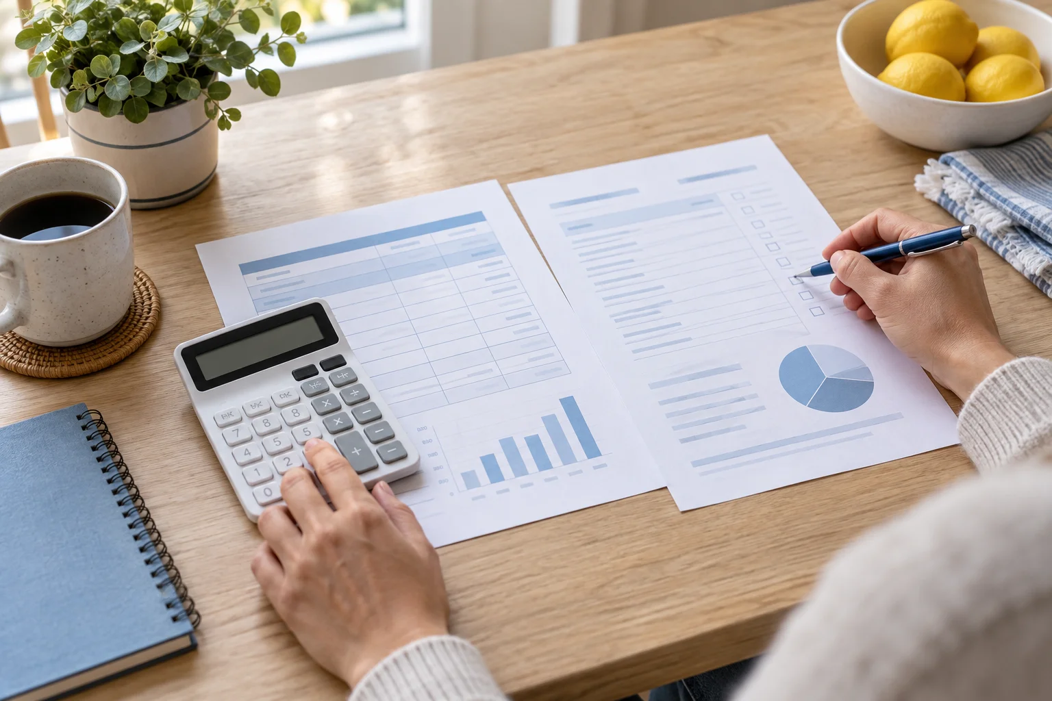 Illustration of a person comparing budget worksheets with a calculator.