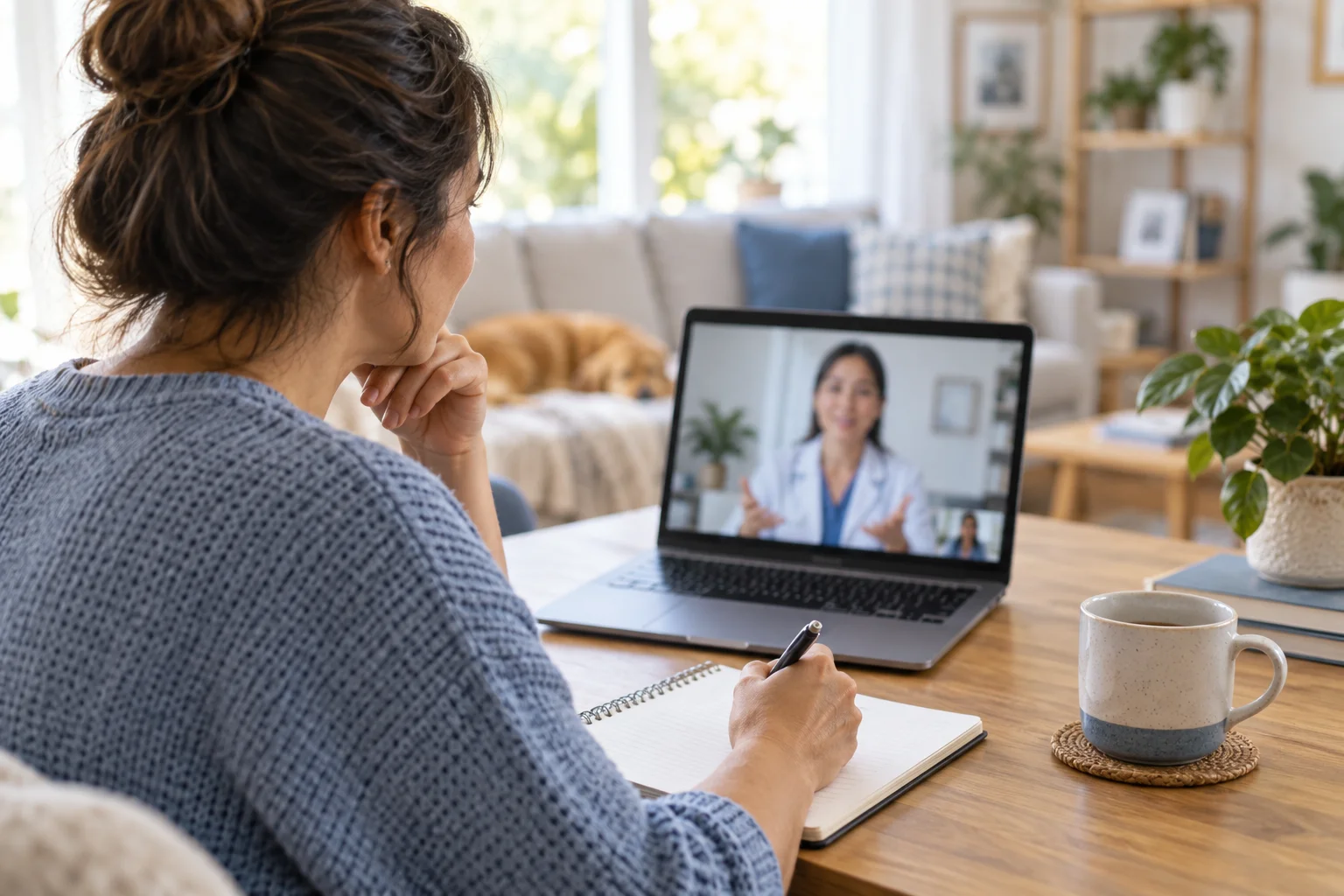 Illustration of a woman taking notes during a telehealth consultation.