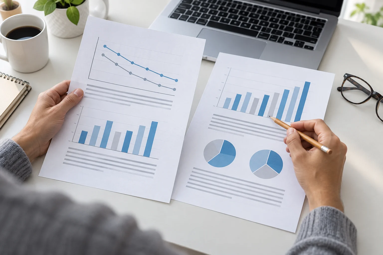 Illustration of a person reviewing research charts beside a laptop.
